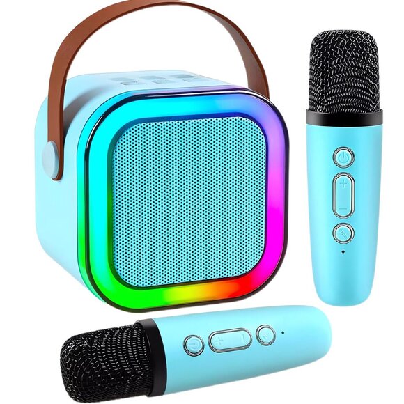 Mini Bluetooth Portable Speaker Karaoke Machine BLUE w/ 2 Microphones IROO NEW - Picture 1 of 12